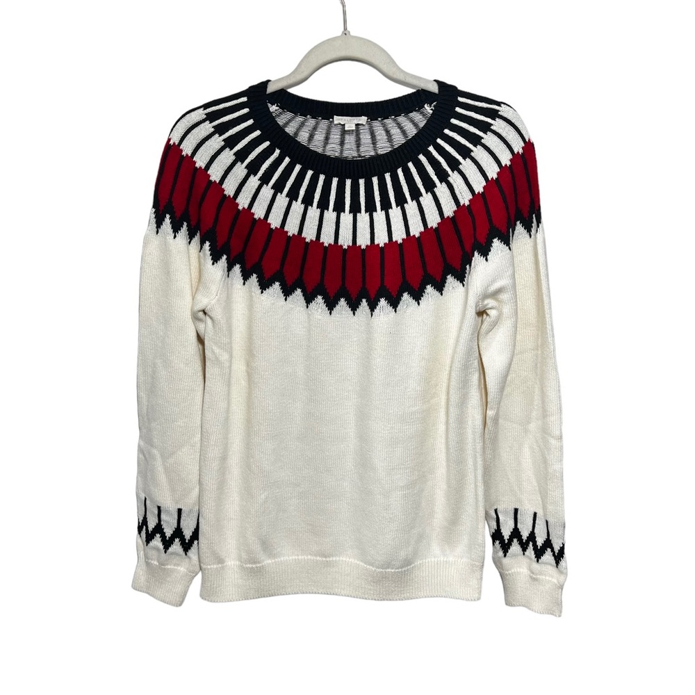 Talbots Womens Sz M Cream Fair Isle Long Sleeve Cotton Blend Sweater Crew Neck